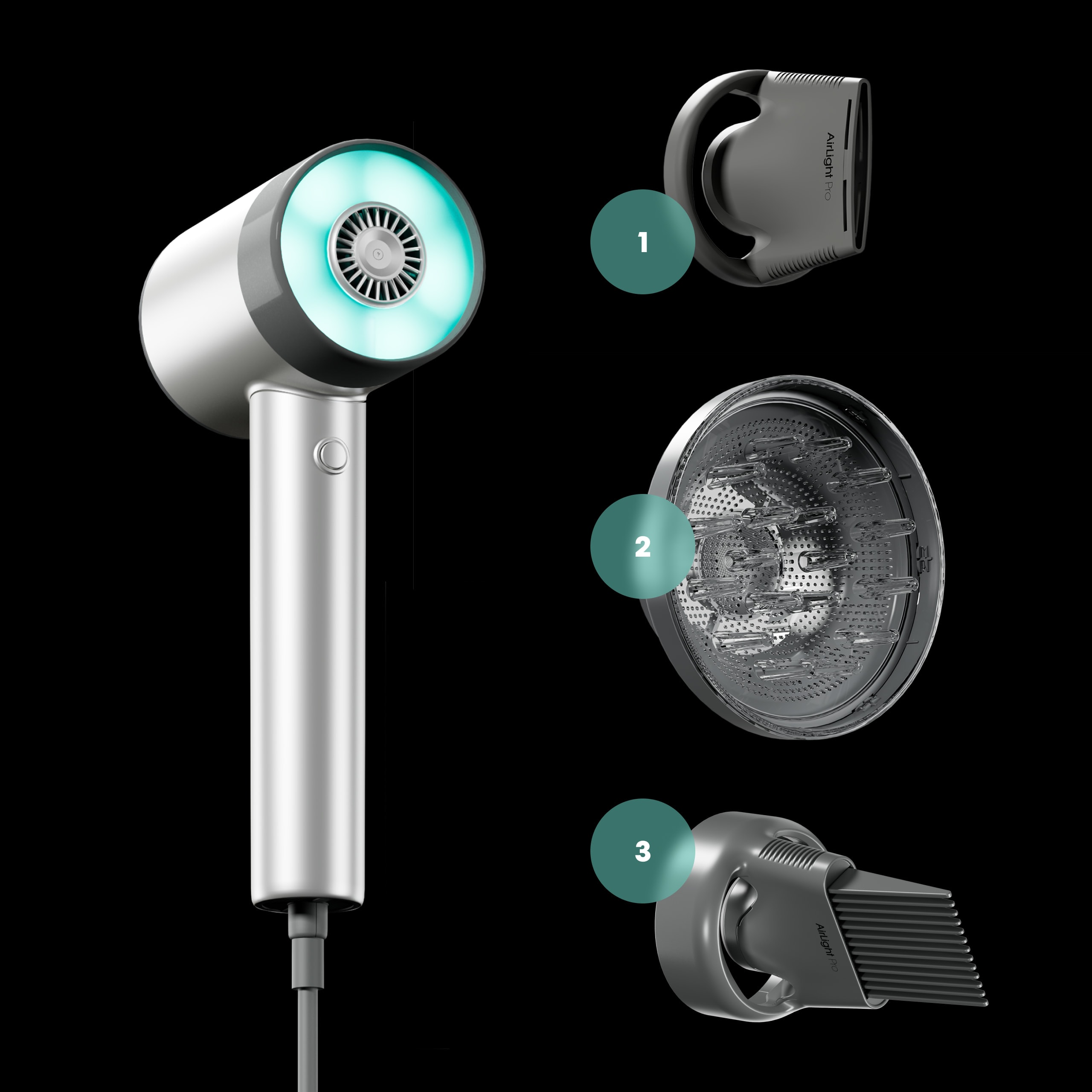 LP AirLight Pro hairdryer with magnetic styling attachments: concentrator for focused airflow, diffuser for curls and coils, and comb for detangling.