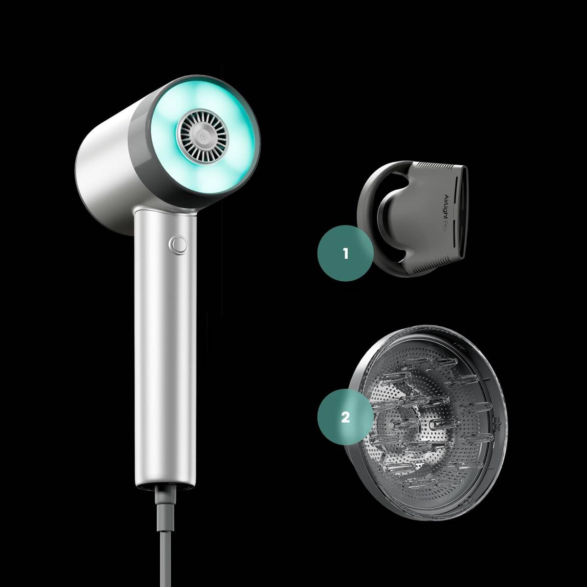 LP AirLight Pro hairdryer with magnetic styling attachments: concentrator for focused airflow, diffuser for curls and coils, and comb for detangling.