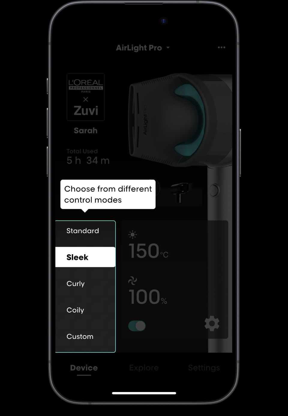 AirLight Pro interface screen showing access to various control modes