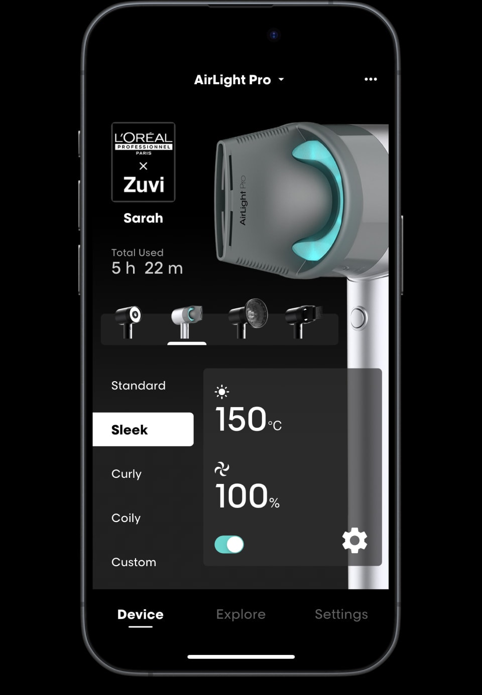 AirLight Pro display showing Sleek, Curly, Coily and Custom mode blowdry options with temperature scale.