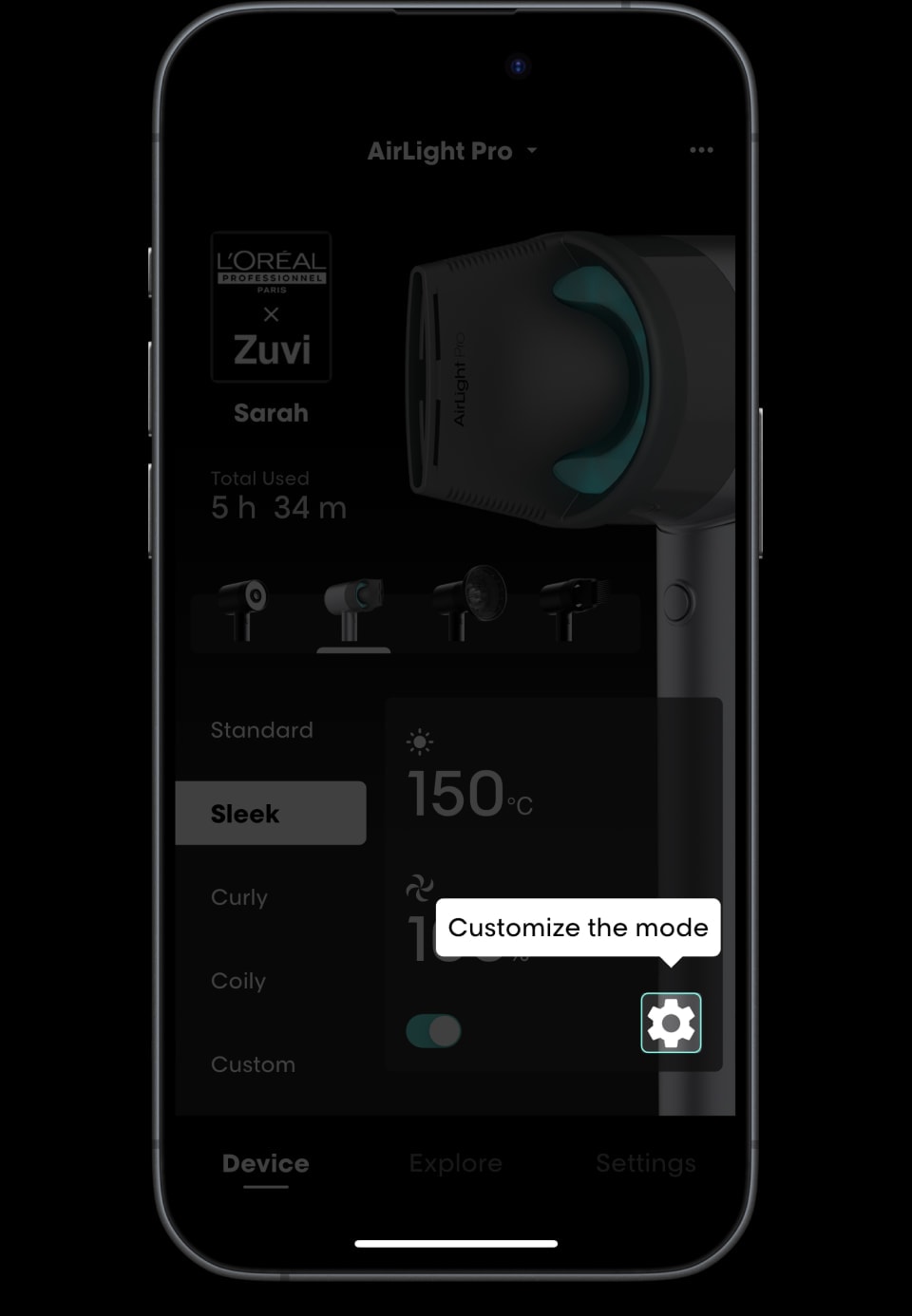 AirLight Pro interface highlighting the customise mode button in the lower right screen area.