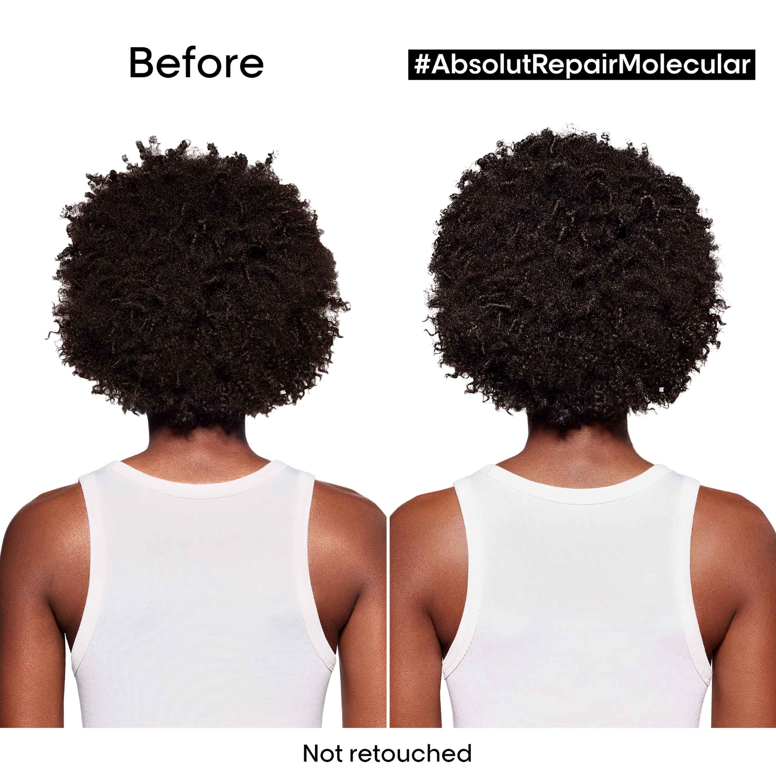 Before and after using Absolute Repair Molecular hair care from L’Oréal Professionnel on afro hair